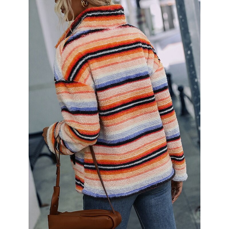 Women's Sweatshirt Casual Sherpa Striped Street Dailywear High Neck Zipper Pocket Print Long Sleeve Orange Fall Winter2