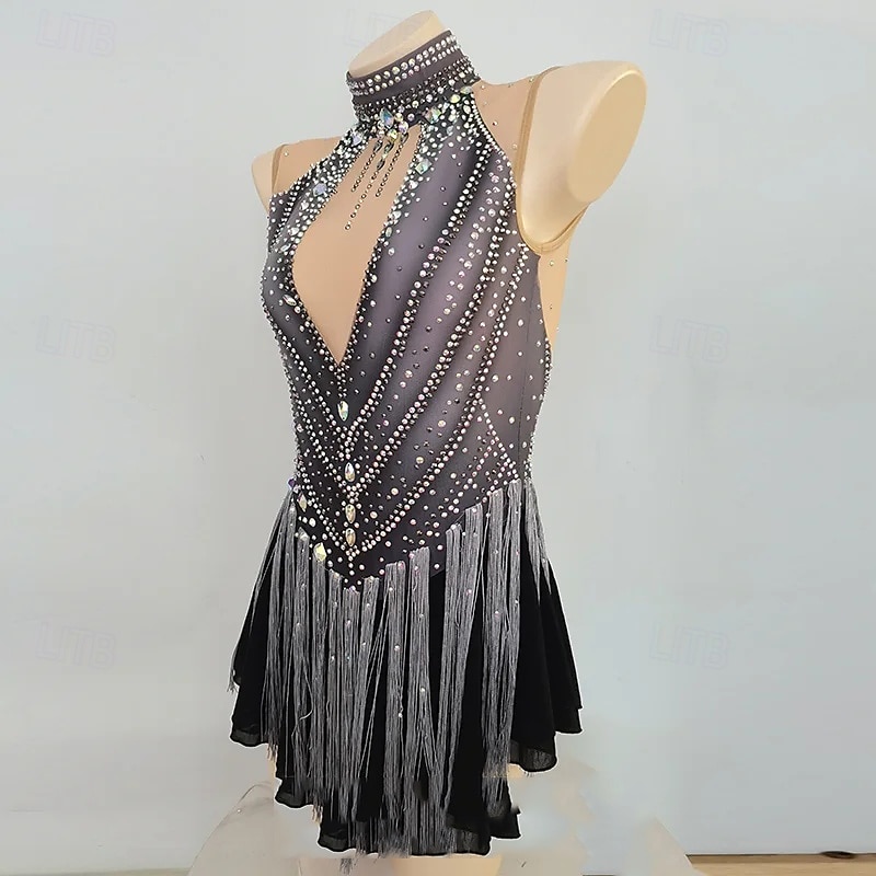 Figure Skating Dress Women's Girls' Ice Skating Dress Grey Patchwork Mesh High Elasticity Training Competition Skating Wear Classic Crystal / Rhinestone Long Sleeve Ice Skating Figure Skating2