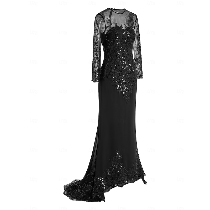 Mermaid Black Dress Evening Gown Sequin Prom Dress Sparkle Formal Gown Sweep / Brush Train Long Sleeve Illusion Neck Lace with Appliques dress to impress4