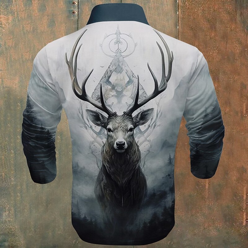 Christmas Deer Vintage Casual Men's Polo Shirt Zip Polo Pullover Long Sleeve Dailywear Spring Fall & Winter Zipper 3D Print Collar Gray Micro-elastic Polyester2