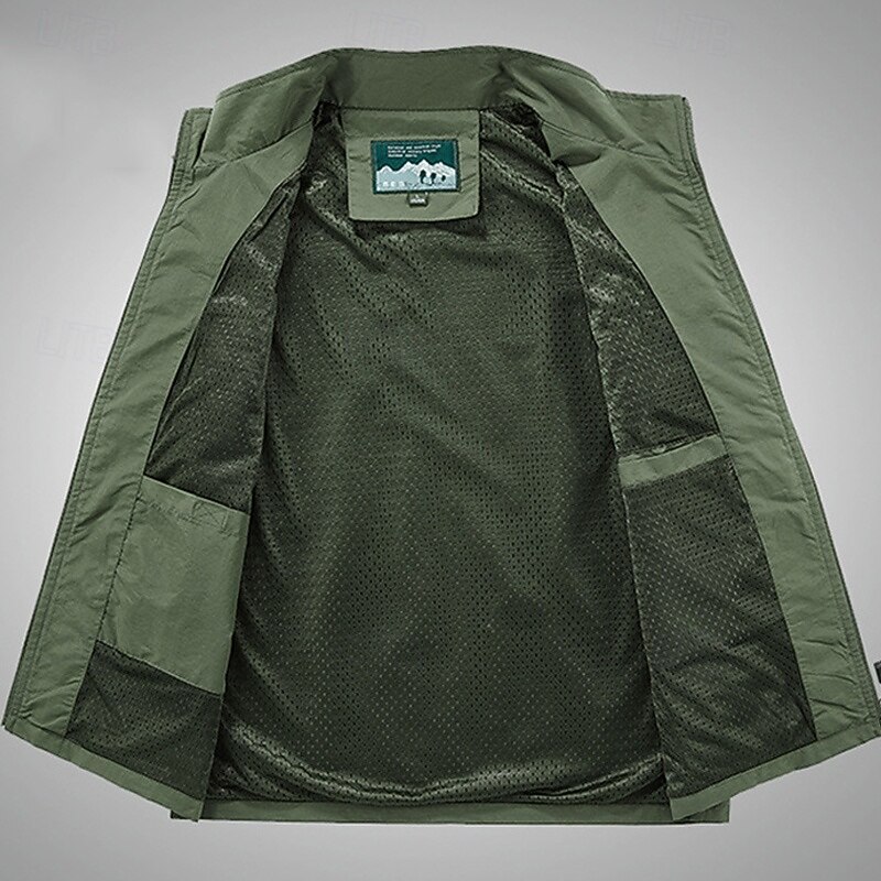 Men's Vest Gilet Fishing Vest Hiking Vest Daily Date Vacation Fashion Casual Spring & Summer Mesh Pocket Polyester Breathable Comfortable Plain Zipper Stand Collar Regular Fit Black Khaki Army Green2
