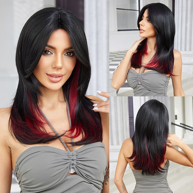 Synthetic Wig Uniforms Career Costumes Princess Straight kinky Straight Middle Part Layered Haircut Machine Made Wig 20 inch Black / Red Synthetic Hair Women's Cosplay Party Fashion Mixed Color