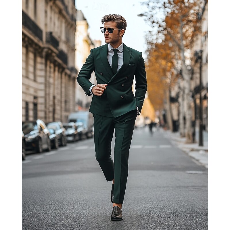 Men's Wedding Party Evening Wear Suits Peaked Lapel Black Burgundy Business Formal Solid Colored Standard Fit 2 Piece Double Breasted Six-buttons3