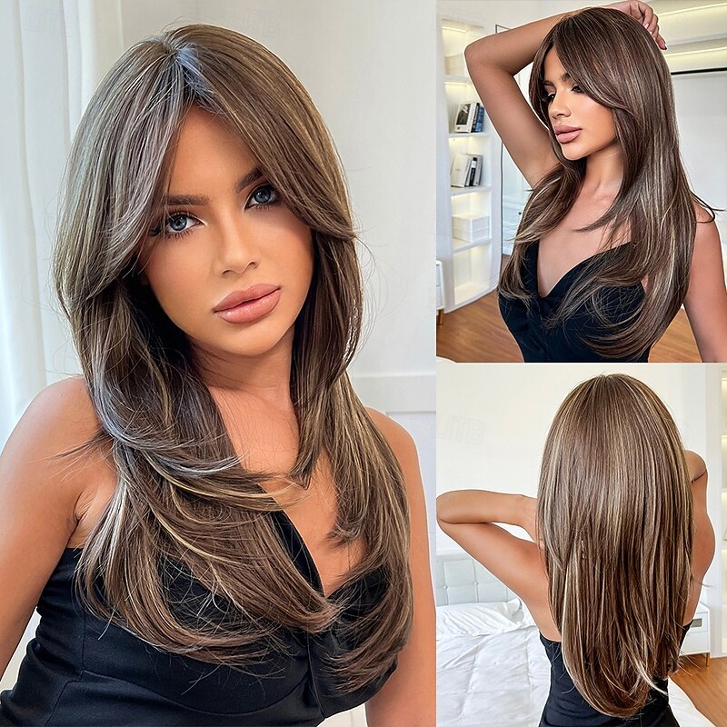 Synthetic Wig Uniforms Career Costumes Princess Straight kinky Straight Middle Part Layered Haircut Machine Made Wig 22 inch Black / Brown Synthetic Hair Women's Cosplay Party Fashion Dark Brown