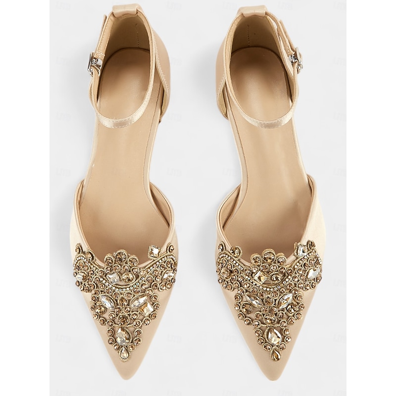 Women's Ivory Satin Flats with Rhinestone Embellishments - Elegant Pointed-Toe Design for Weddings and Formal Events