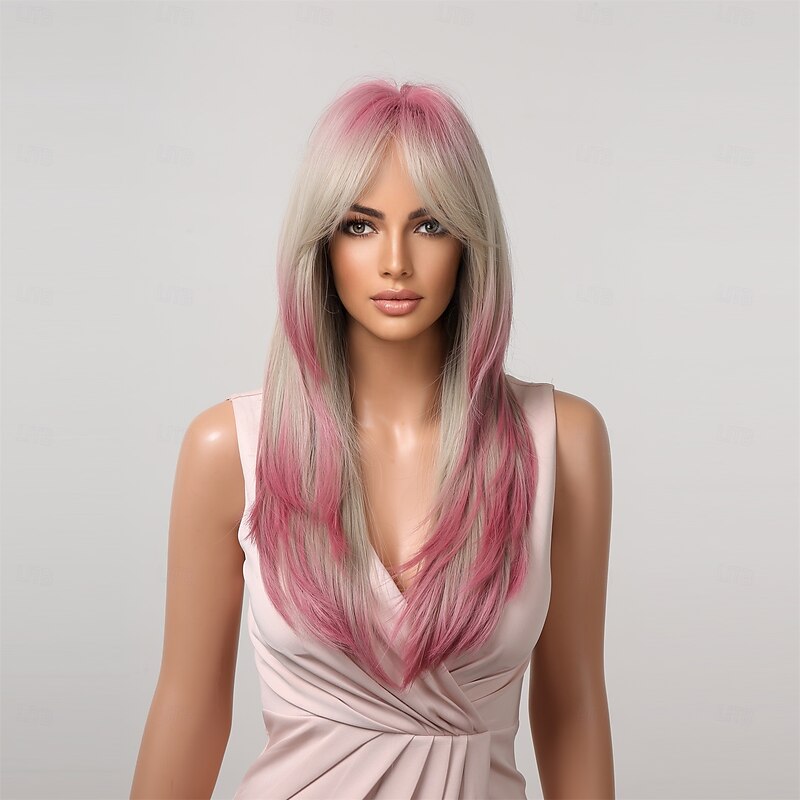 Synthetic Wig Uniforms Career Costumes Princess Straight kinky Straight Middle Part Layered Haircut Machine Made Wig 22 inch Gold Pink Synthetic Hair Women's Cosplay Party Fashion Blonde