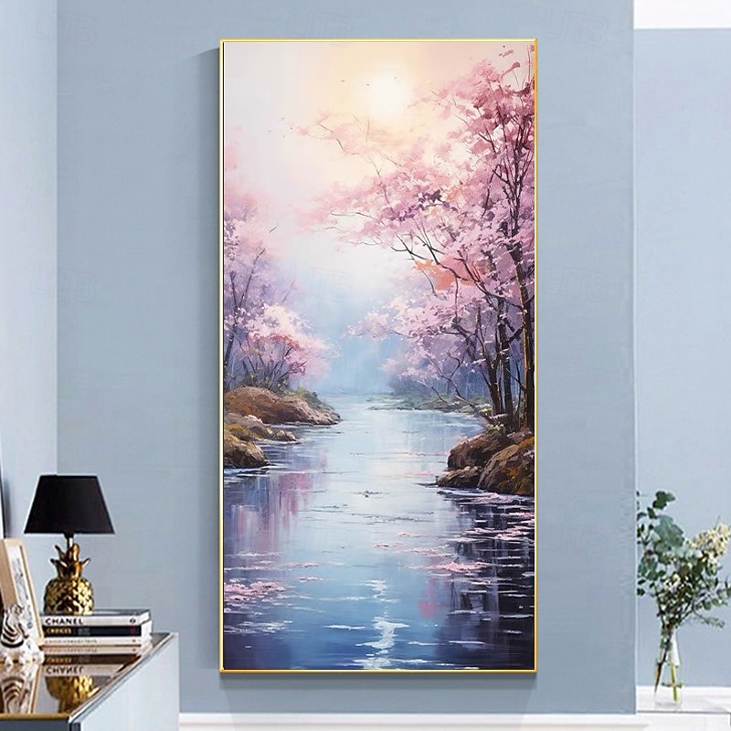 Handpainted Original Colorado River Pink Wildflowers Large Oil Painting Summer Landscape Wall Art Home Decor For Living Room No Frame2