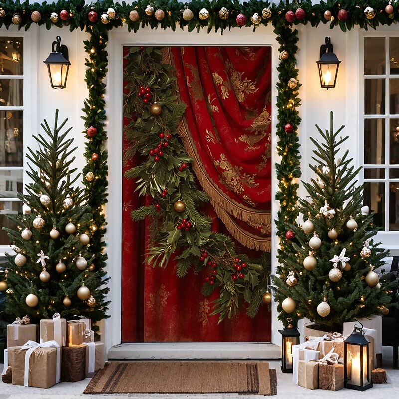 Christmas Door Decorations Door Covers Evergreen Holly Door Tapestry Door Curtain Decoration Backdrop Door Banner for Front Door Farmhouse Christmas Holiday Party Decor Supplies Gift Indoor/Outdoor3