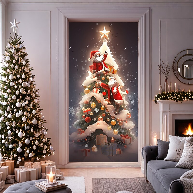 Christmas Door Decorations Door Covers Xmas Santa Door Tapestry Door Curtain Decoration Backdrop Door Banner for Front Door Farmhouse Holiday Party Decor Supplies Christmas Tree Indoor/Outdoor3
