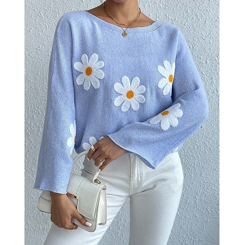 Women's Sweater Daily Casual Floral Graphic Print Crew Neck Knitted Long Sleeve Long Tops Knit Home Work Daily Pink Blue Fall Winter2