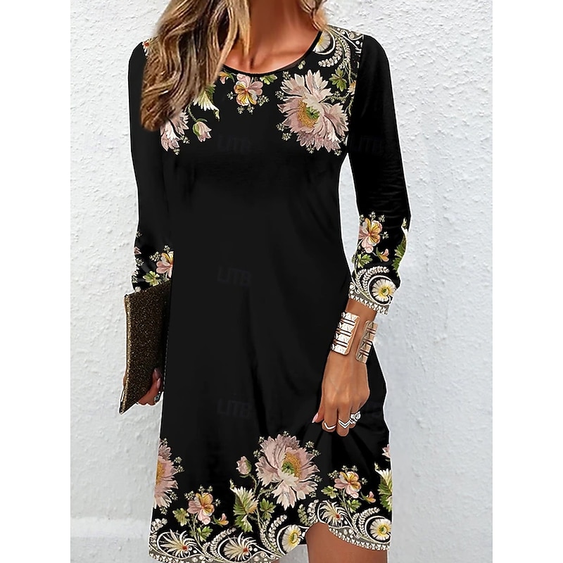 Women's Mini Dress Crew Neck Long Sleeve Petite Dress T Shirt Dress Tee Dress Spring Dress Elegant Stylish Street Casual Regular Fit Floral Black Summer Spring Fall
