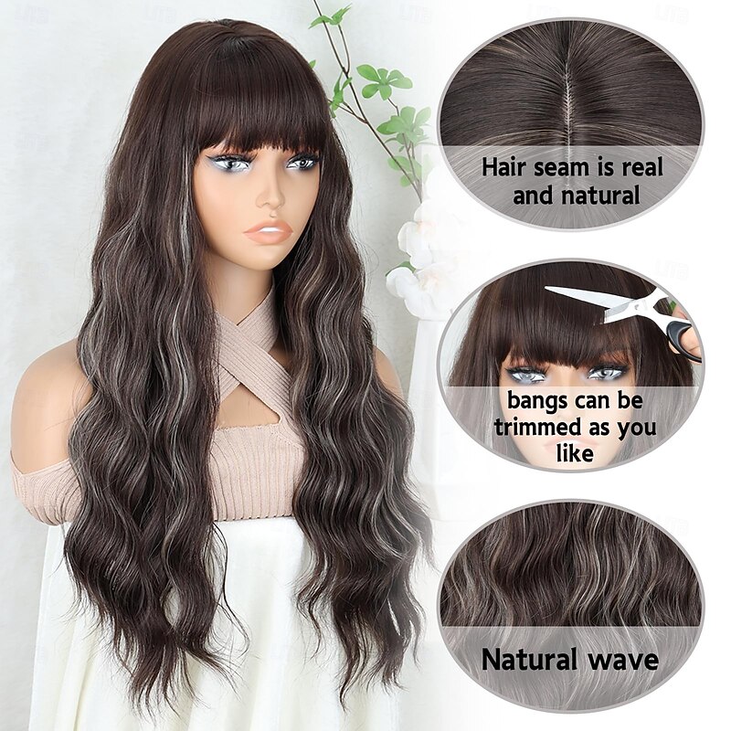 Long Wavy Wigs with Bangs for Women Curly Wavy Wig Natural Looking Synthetic Heat Resistant Fiber Wig for Daily Party Use3