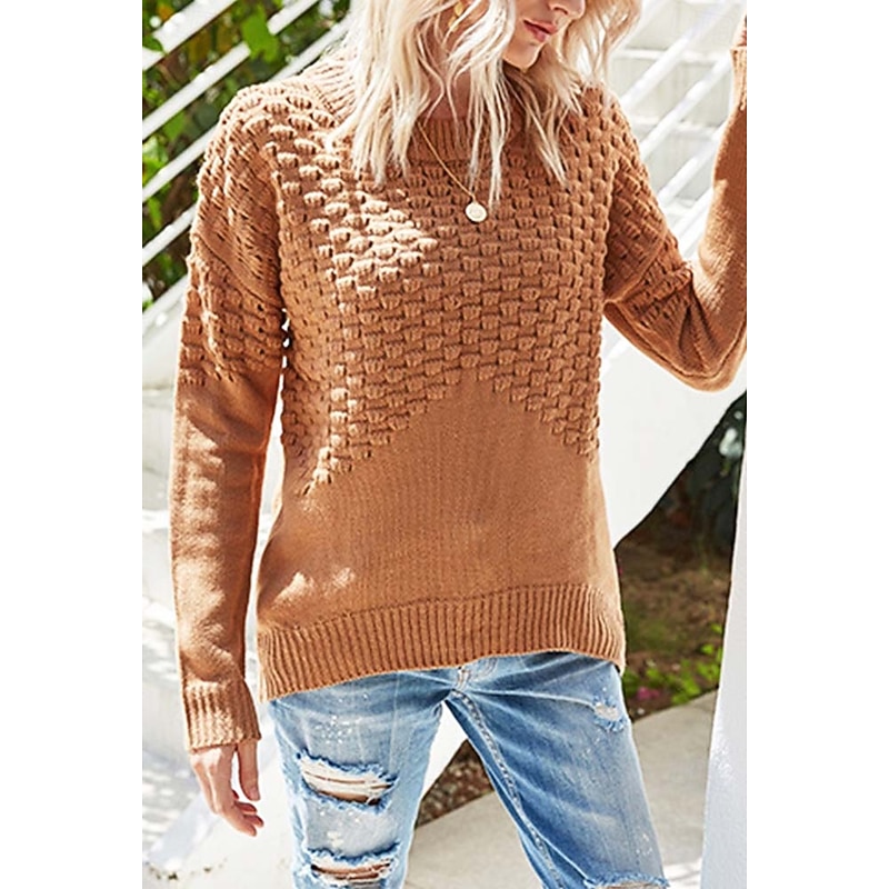 Women's Sweater Daily Casual Solid Color Crew Neck Knitted Textured Long Sleeve Long Tops Knit Home Work Weekend Red Brown Fall Winter