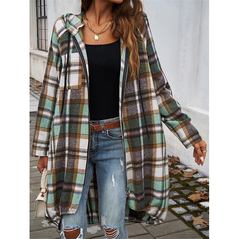 Women's Hoodie Jacket Outdoor Street Daily Wear Fall Winter Long Coat Regular Fit Thermal Warm Breathable Stylish Casual Jacket Long Sleeve Stripes and Plaid with Pockets Full Zip Red Brown Green4