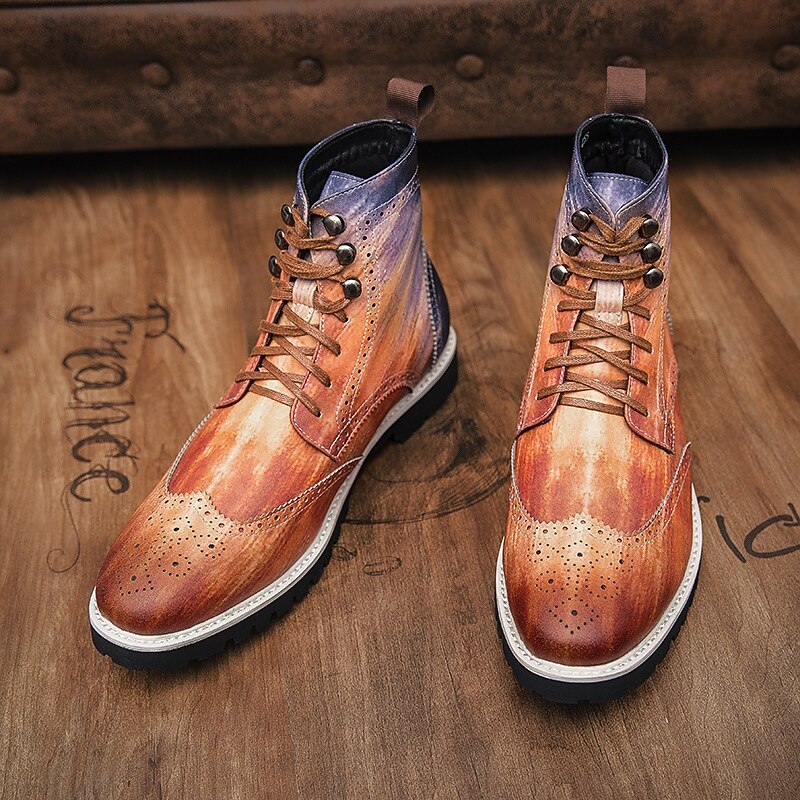 Men's Hand-Painted Brogue Ankle Boots with Lace-Up Design, Faux Leather Upper, and Rugged Sole – Stylish Vintage Casual Footwear3