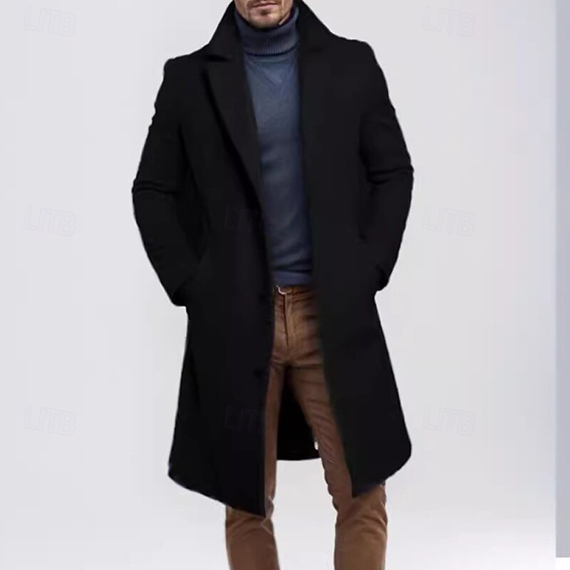 Men's Trench Coat Long Trench Coat Daily Vacation Fall & Winter Polyester Thermal Warm Outerwear Clothing Apparel Fashion Classic Plain Pocket Lapel Single Breasted3