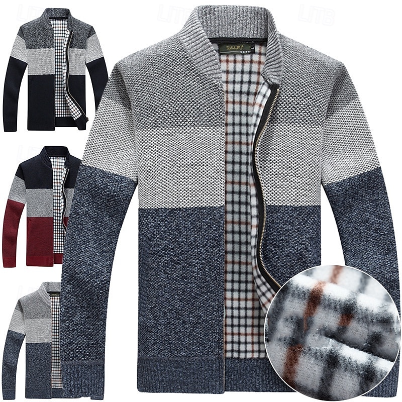 Men's Cardigan Sweater Cropped  Sweater Zip Sweater Knit Sweater Ribbed Knit Regular Patchwork Pocket Color Block Stand Collar Fashion Classic Daily Wear Date Clothing Apparel Fall & Winter Red Light