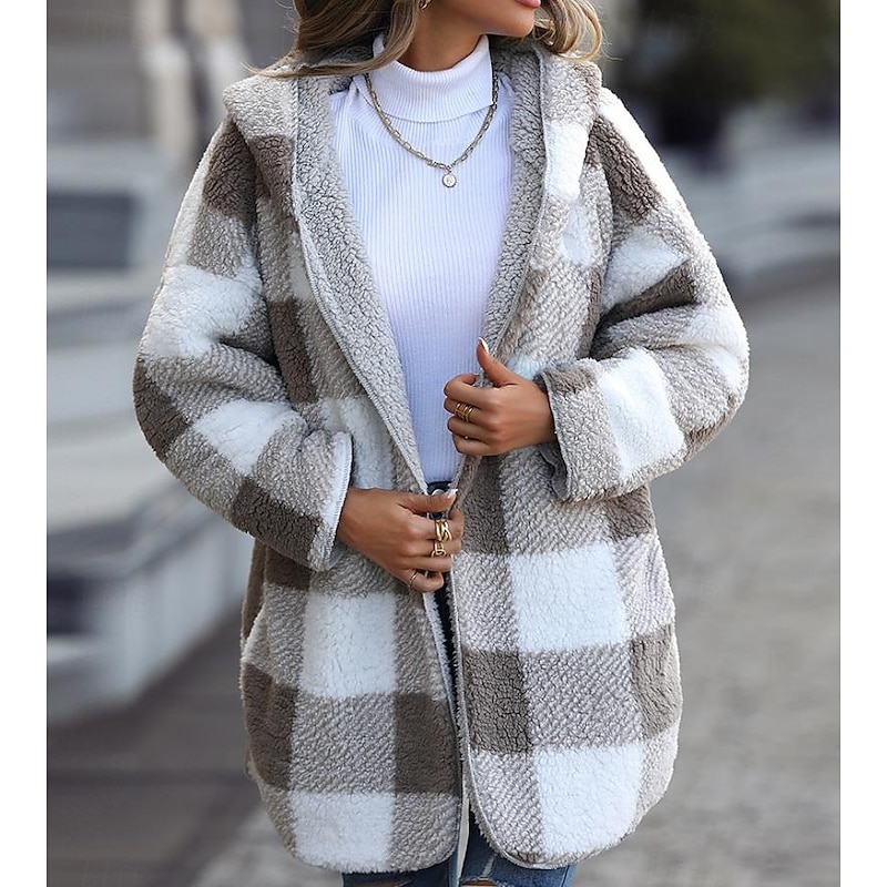 Women's Coat Trench Coat Daily Wear Vacation Fall Winter Regular Coat Regular Fit Warm Breathable Casual Street Style Jacket Long Sleeve Color Block Fur Collar Grey