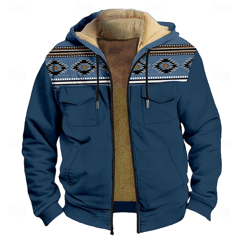 Men's Aztec Fleece Hoodie Hoodies Fashion Cool Long Sleeve Hooded Holiday Streetwear Blue Zipper Pocket Fall Winter Designer