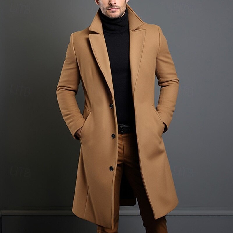 Men's Trench Coat Long Trench Coat Daily Vacation Fall & Winter Polyester Thermal Warm Outerwear Clothing Apparel Fashion Classic Plain Pocket Lapel Single Breasted2
