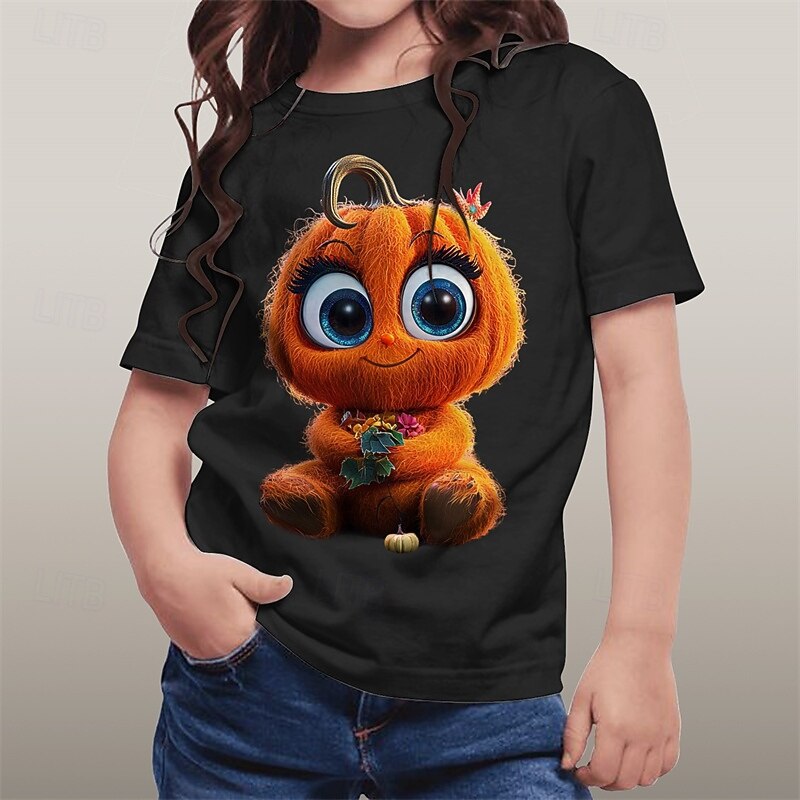 Halloween Girls' 3D Graphic Cartoon Pumpkin T shirt Tee Short Sleeve Summer Spring Fashion Basic Polyester Kids 4-12 Years Crew Neck Outdoor Casual Daily Regular Fit2