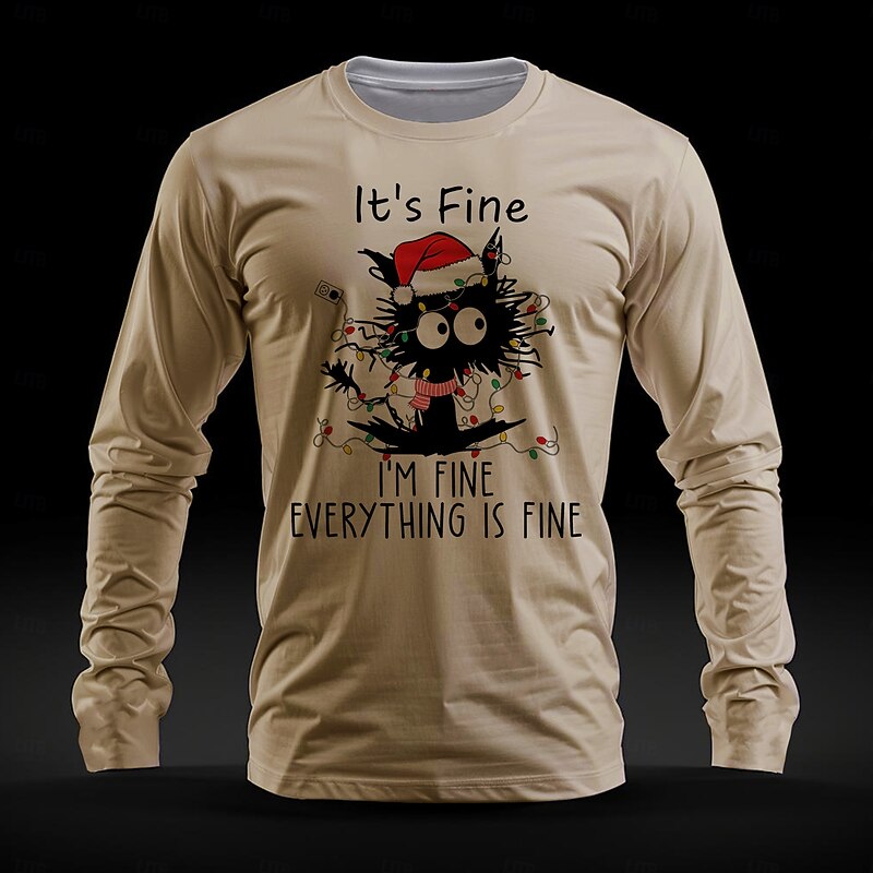 Christmas Men's Cat Hat T Shirt Long Sleeve T shirt 3D Print Crew Neck Shirt Fashion Cartoon Street Casual Blue Khaki Beige Summer Spring Fall Clothing Apparel S M L XL XXL XXXL2