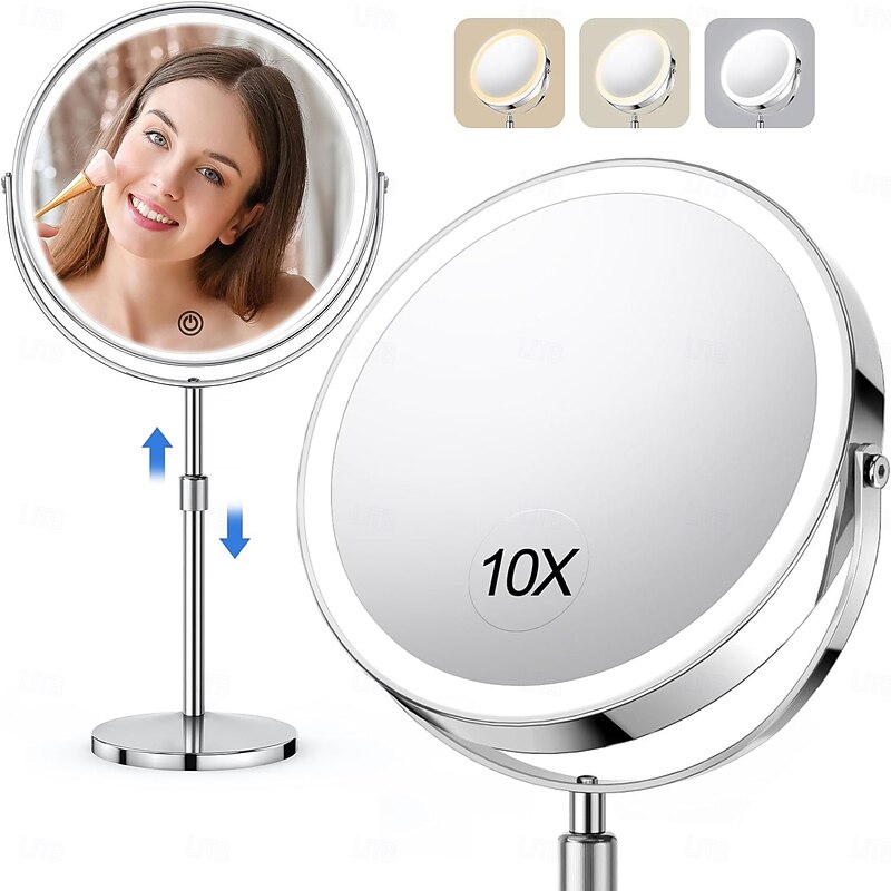 8-in 20cm Illuminated Makeup Mirror Light Magnifying 10x with Three Tone Light and Adjustable Height Suitable for Office desks Rechargeable 360  Rotating Double-sided LED Makeup Mirror2