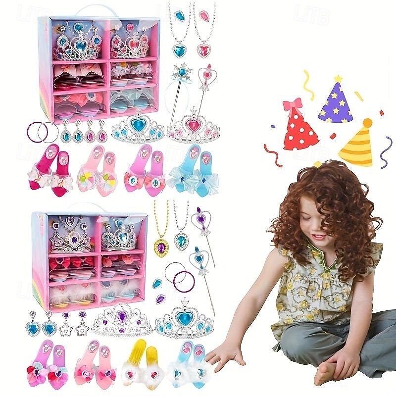 Princess Dress-Up Shoes, Slippers, Necklace, and Earrings Set - Girls' Birthday Gift, Family Play, Pretend Toy Jewelry Box - Perfect for Imaginative Play and Creative Expression