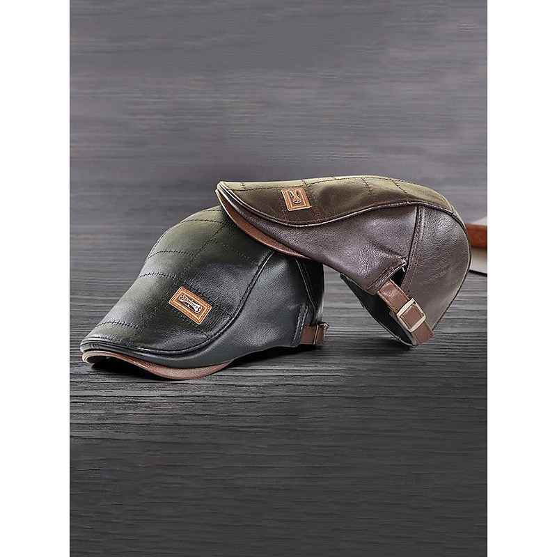 Men's Brown Faux Leather Flat Cap with Quilted Design – Classic Vintage Newsboy Hat for Casual and Outdoor Wear4