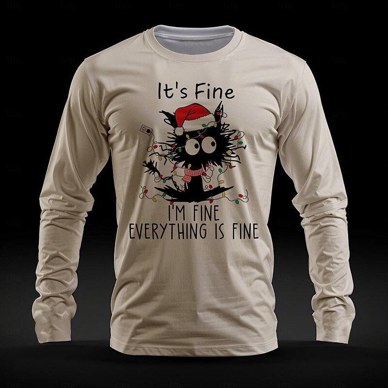 Christmas Men's Cat Hat T Shirt Long Sleeve T shirt 3D Print Crew Neck Shirt Fashion Cartoon Street Casual Blue Khaki Beige Summer Spring Fall Clothing Apparel S M L XL XXL XXXL3