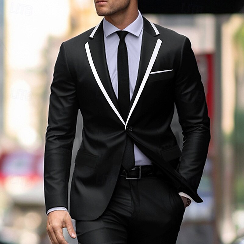 Men's Graduation Blazer Business Cocktail Party Wedding Party Fashion Casual Spring &  Fall Polyester Color Block Pocket Buttons Comfortable Single Breasted Blazer Black