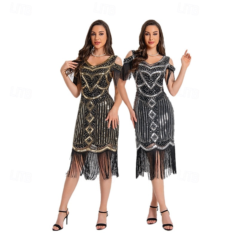 1920s Vintage Inspired Short Length Flapper Dress Party Costume The Great Gatsby Wedding Guest Sequins Sequin Tassel V Neck Fancy Dress Women's Christmas Halloween New Year Casual Daily Party3