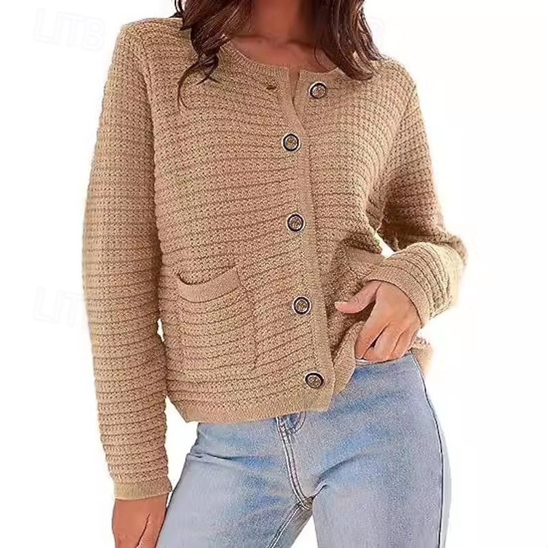 Women's Classic Cardigan Crew Neck Knitted Textured Fall Winter Formal Elegant Fashion Daily Long Sleeve Solid Color Wine Red Black