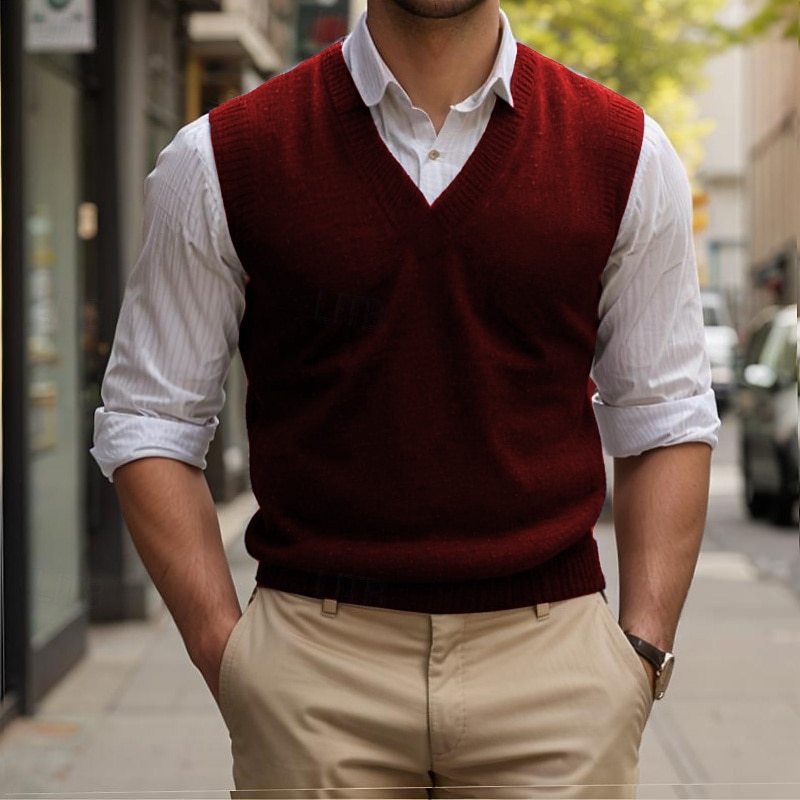 Men's Sweater Ribbed Knit V Neck Solid Color V Neck Elegant Vintage Formal Home Clothing Apparel Bishop Sleeve Fall Winter Wine Red Dark Navy M L XL4