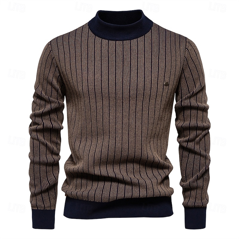 New Design Mens Mock Neck Cotton Pullover Sweaters Autumn Winter Warm Stripped Sweater for Men2