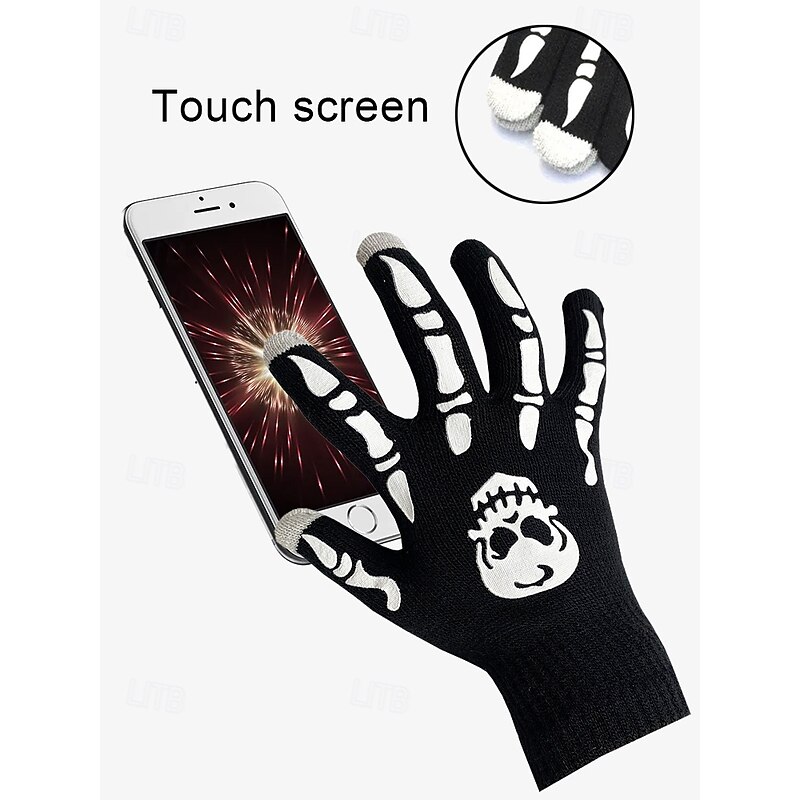 Glow-in-the-Dark Skeleton Gloves – Halloween Skull Print, Touchscreen Compatible Gloves for Cosplay & Costume Parties3