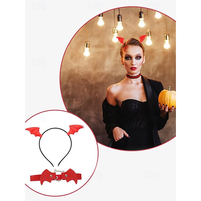Bat Wing Headband and Gothic Leather Choker Set – Halloween-Themed Costume Accessories for Women, Perfect for Cosplay and Party Outfits4