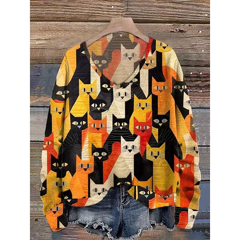 Women's Pullover Sweater Jumper Casual Animal V Neck V Neck Digital print Long Sleeve Regular Tops Knit Daily Yellow Fall Winter