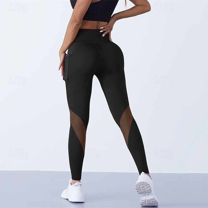 Women's Yoga Pants Yoga Leggings Patchwork Mesh High Waist Pilates Gym Workout Workout Tights Solid Color Black Fall Sports Activewear Stretchy Slim4