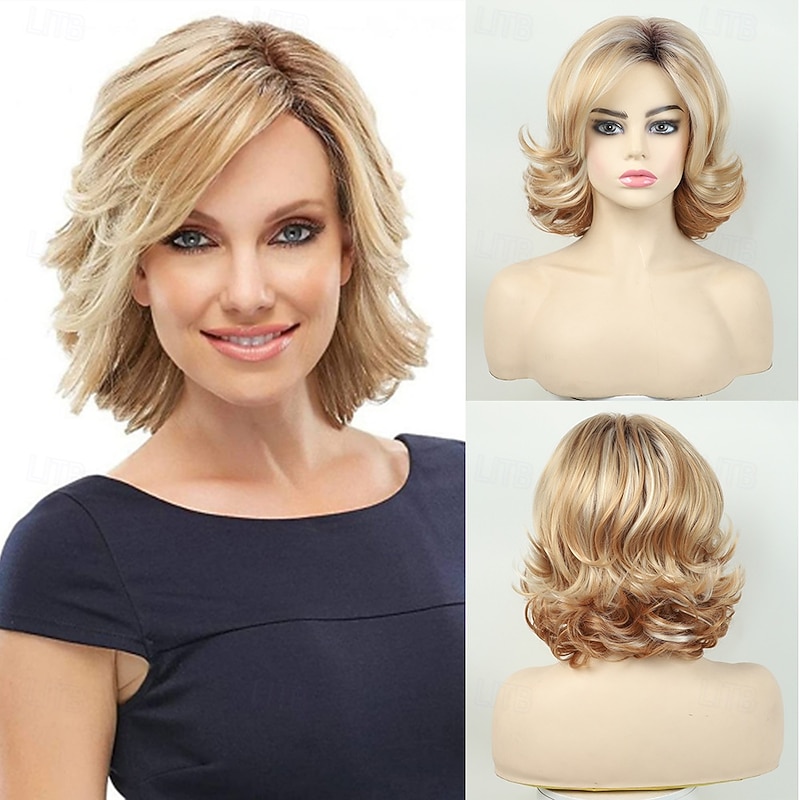 Short Blonde Curly Wigs for Women Fashion Auburn Wavy Wig Heat Resistant Synthetic Hair Wigs for Daily,Halloween,Party
