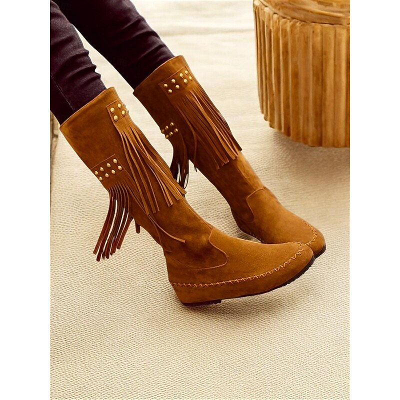 Women's Faux Suede Fringe Boots with Studded Details – Retro Western Style Knee-High Moccasin Boots for Casual or Festival Wear
