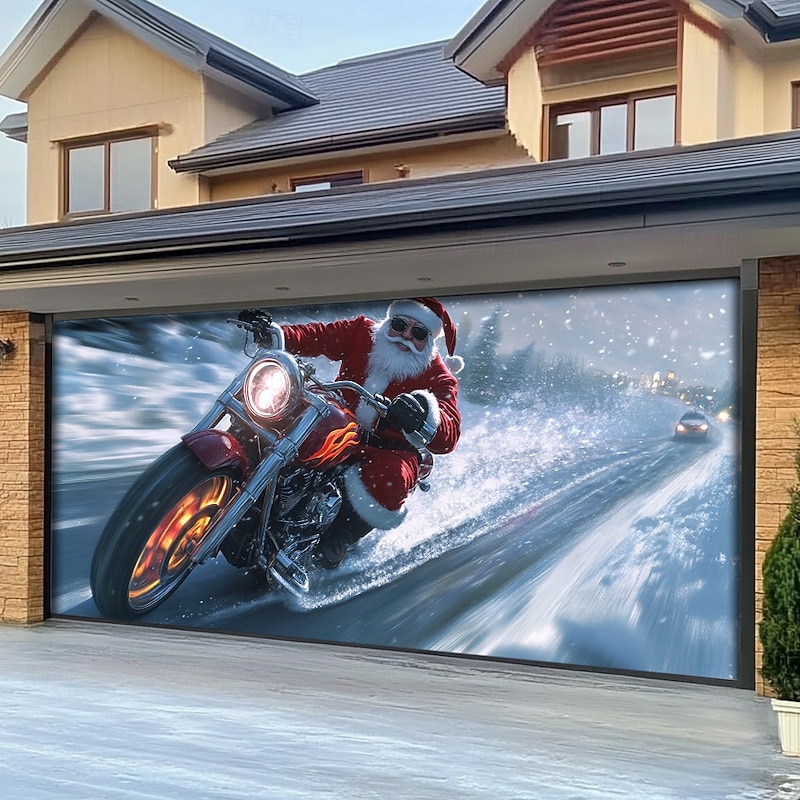 Christmas Outdoor Garage Door Cover Xmas Banner Santa Claus Motorcycle Large Christmas Backdrop Decoration for Holiday Outdoor Garage Door Home Wall Decorations2