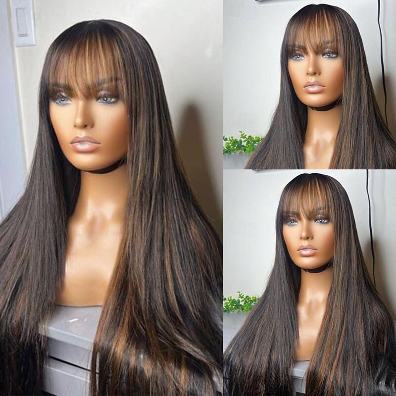 Unprocessed Virgin Hair 13x4 Lace Front Wig With Bangs Brazilian Hair Straight Multi-color Wig 130% 150% Density with Baby Hair Highlighted / Balayage Hair 100% Virgin For Women Long Human Hair Lace3
