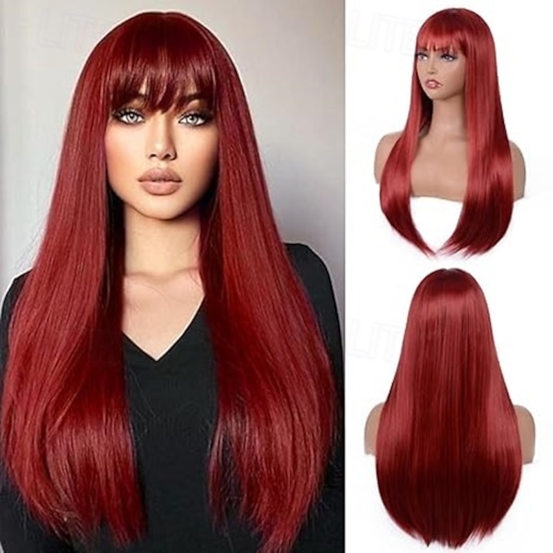 Wig With Bangs For Women Long Straight wig Heat Resistant Synthetic Wig for Girls Daily Use Party Halloween Cosplay Wig