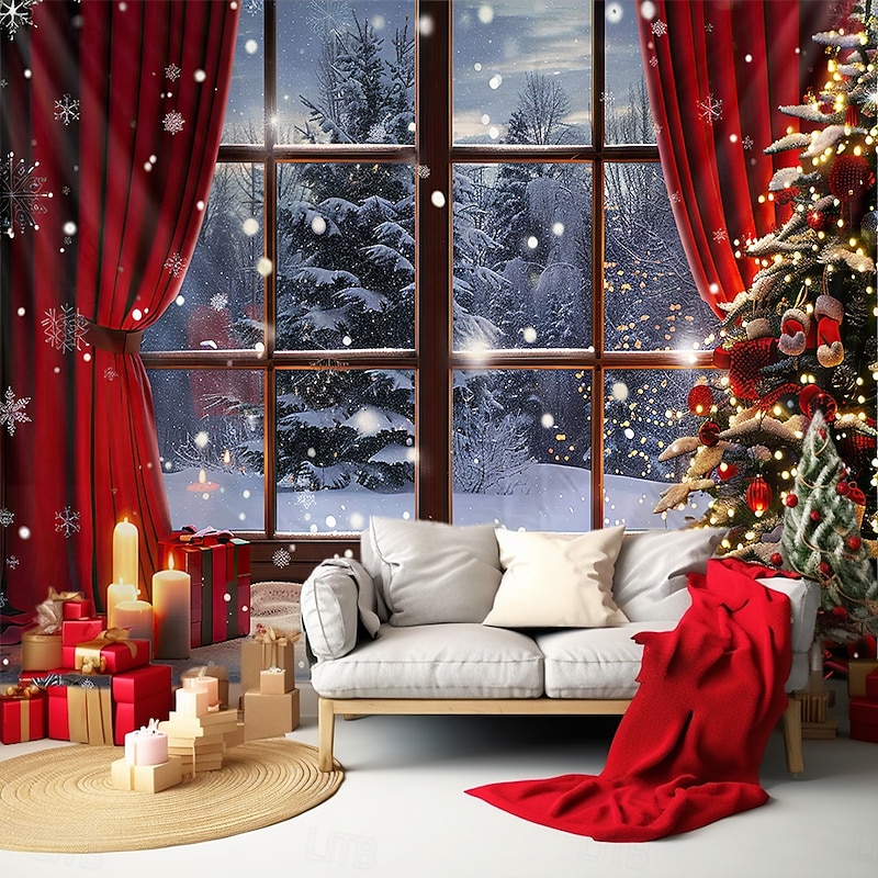 Christmas Decorations Hanging Tapestry Wall Art Xmas Outside Window Large Tapestry Mural Decor Photograph Backdrop Blanket Curtain Home Bedroom Living Room Red Curtain2
