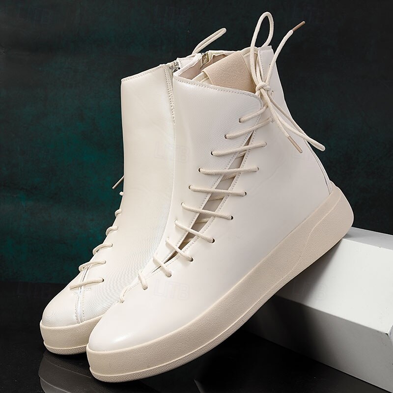Men's Red Faux Leather High-Top Boots with Side Zipper and Lace-Up Design – Stylish Casual Footwear for Fall and Winter 12