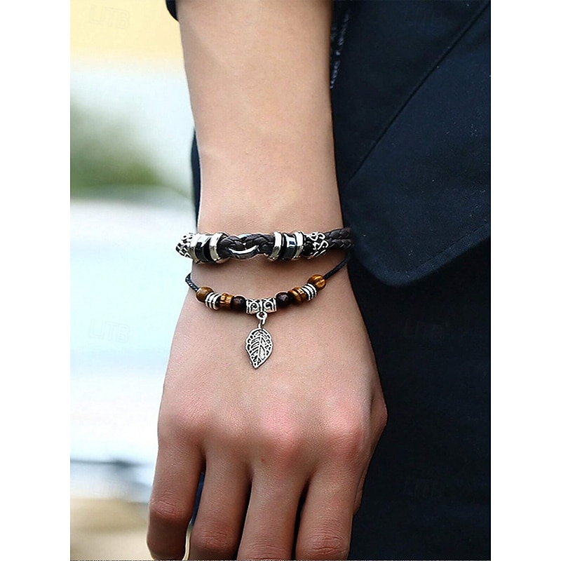 Men's Vintage Faux Leather Charm Bracelets with Wooden Beads and Silver Leaf Pendants - Bohemian Handmade Wristbands for Casual Wear3