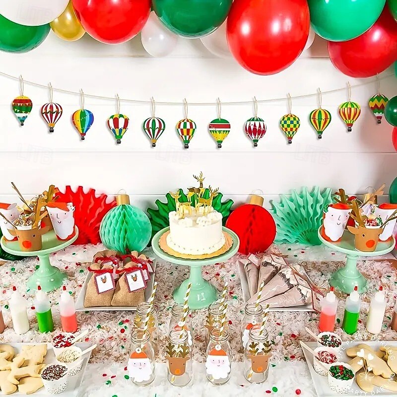 24pcs Christmas Wooden Ornaments Set - Vintage Wooden Hot Air Balloon Style for Seasonal & Festival Home Decoration, with Hanging Rope, Ideal for Thanksgiving, Christmas & Halloween Xmas Decoration2