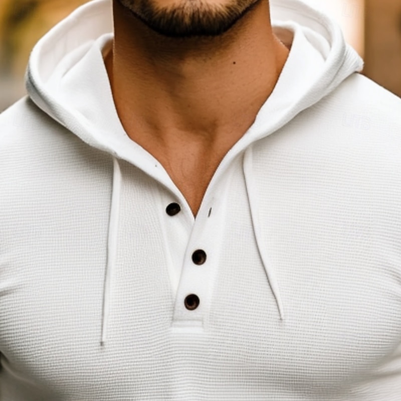 Men's Waffle Shirt T Shirt Tee Top Long Sleeve Shirt Long Sleeve Hooded Spring &  Fall Plain Fashion Designer Basic Hooded Vacation Street Going out White Top Tee for Men2