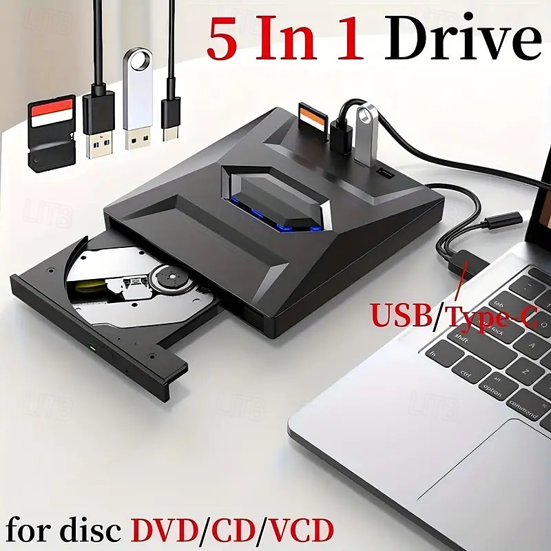USB 3.0/Type-C External CD DVD Drive with SD/ TF and USB 3.0 Slot Optical DVD RW CD Drive Recorder Reader Laptop VCD Player